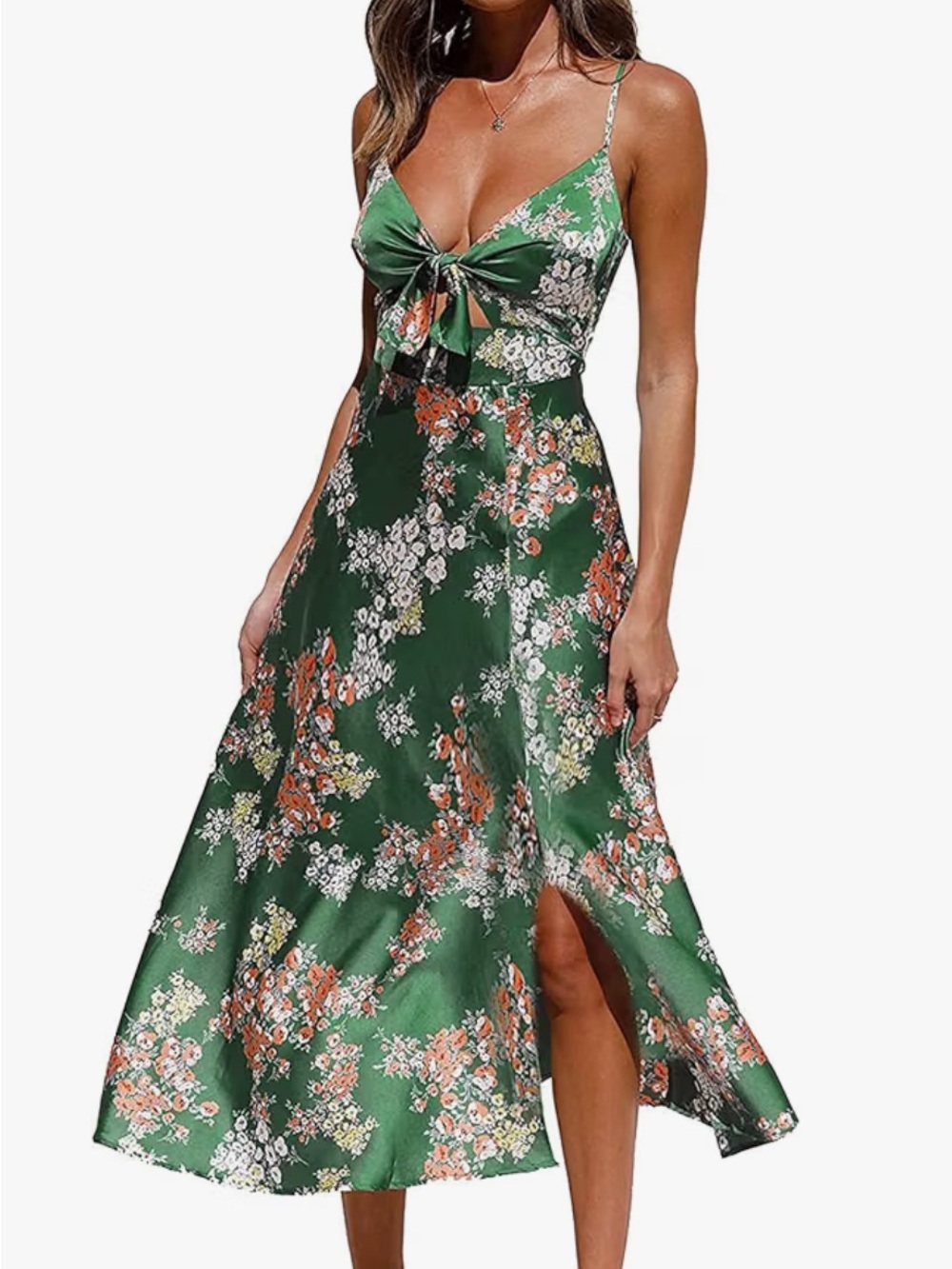 Amazon Green Floral Tie-Front Midi Dress with Spaghetti Straps